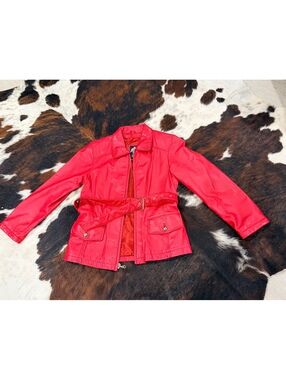 Maxima Red Leather Belted Jacket Medium